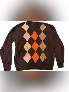 Axist Brown V-Neck Sweater with Orange & Tan Argyle